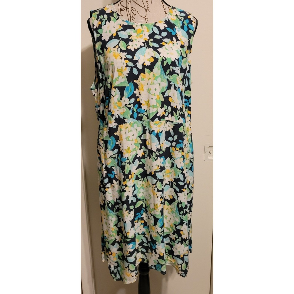 J. Jill Floral Rayon Sleeveless Shift Dress Navy Blue Green Yellow Petite Large